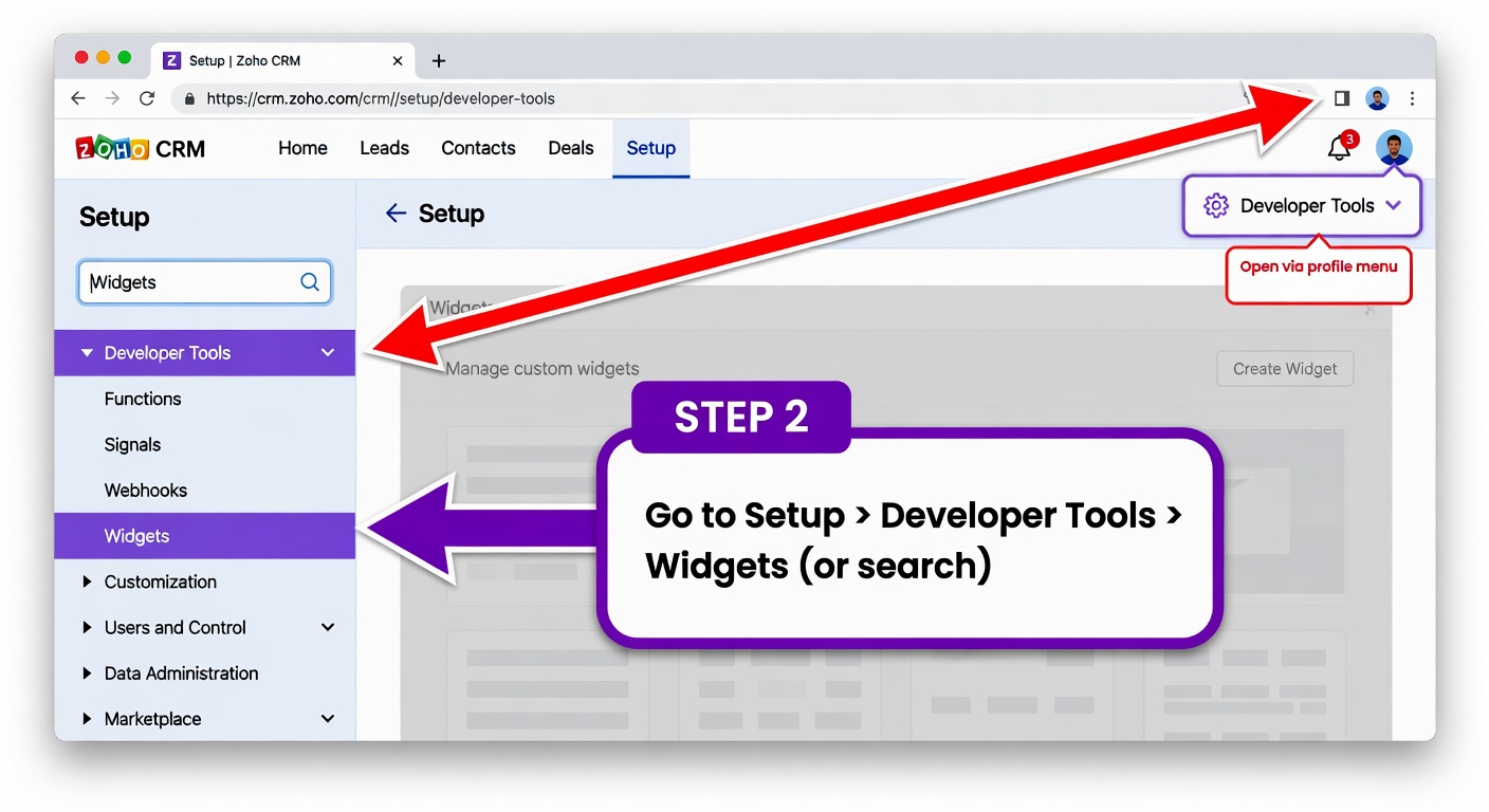 Zoho CRM Setup gear menu and left sidebar with search for Widgets under Developer Tools highlighted