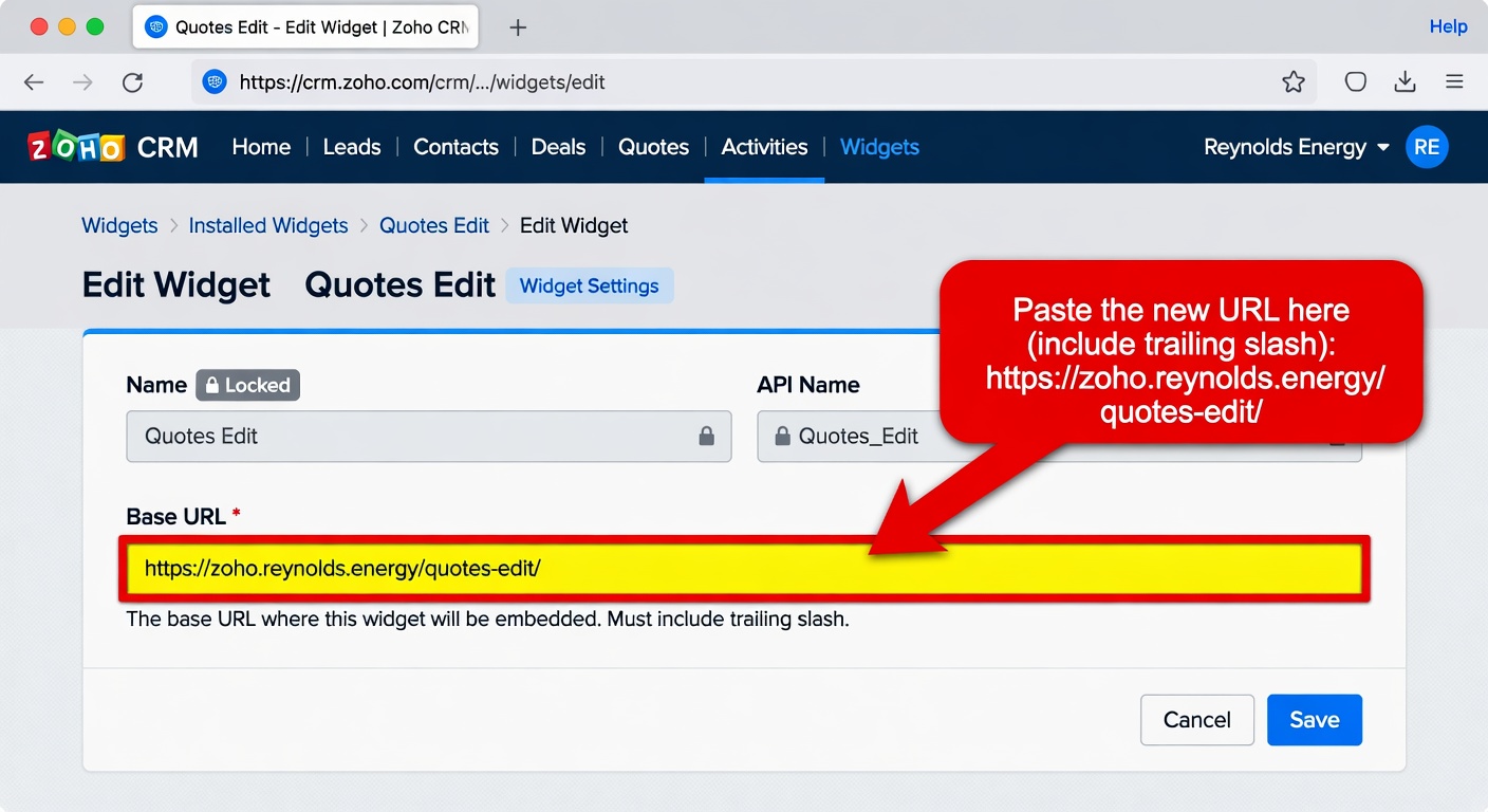 Zoho widget edit form with the Base URL input field highlighted and an arrow calling out the field that must be updated to the new zoho.reynolds.energy address