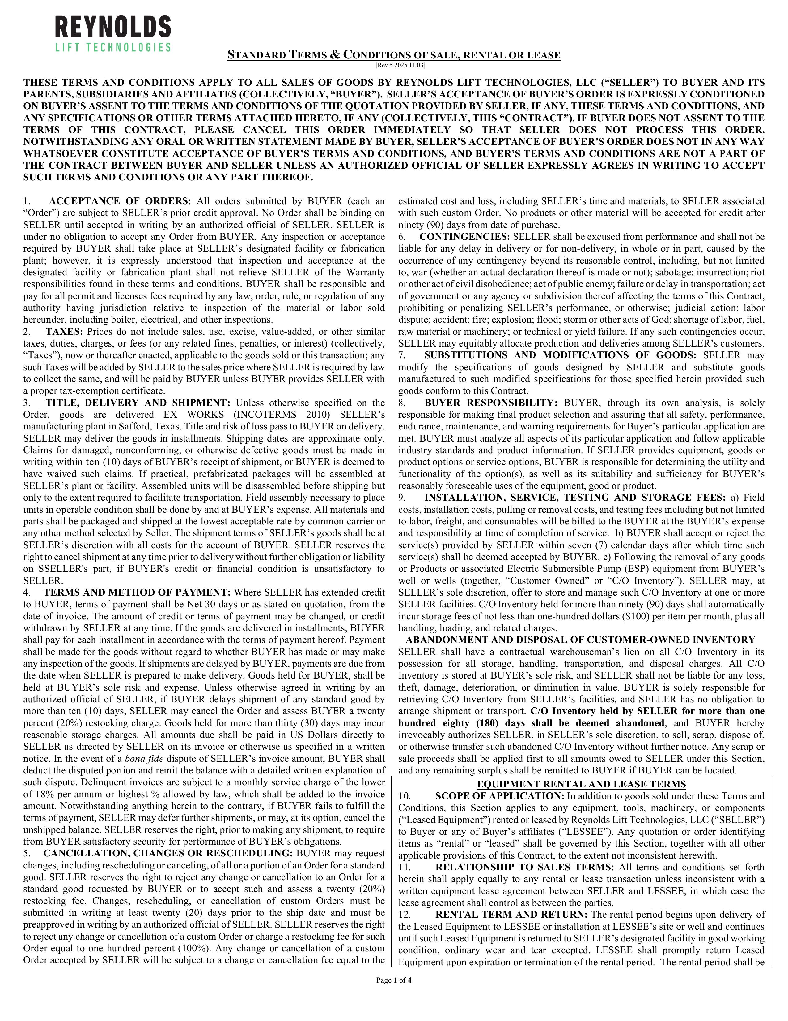 Reynolds Standard Terms and Conditions page 1