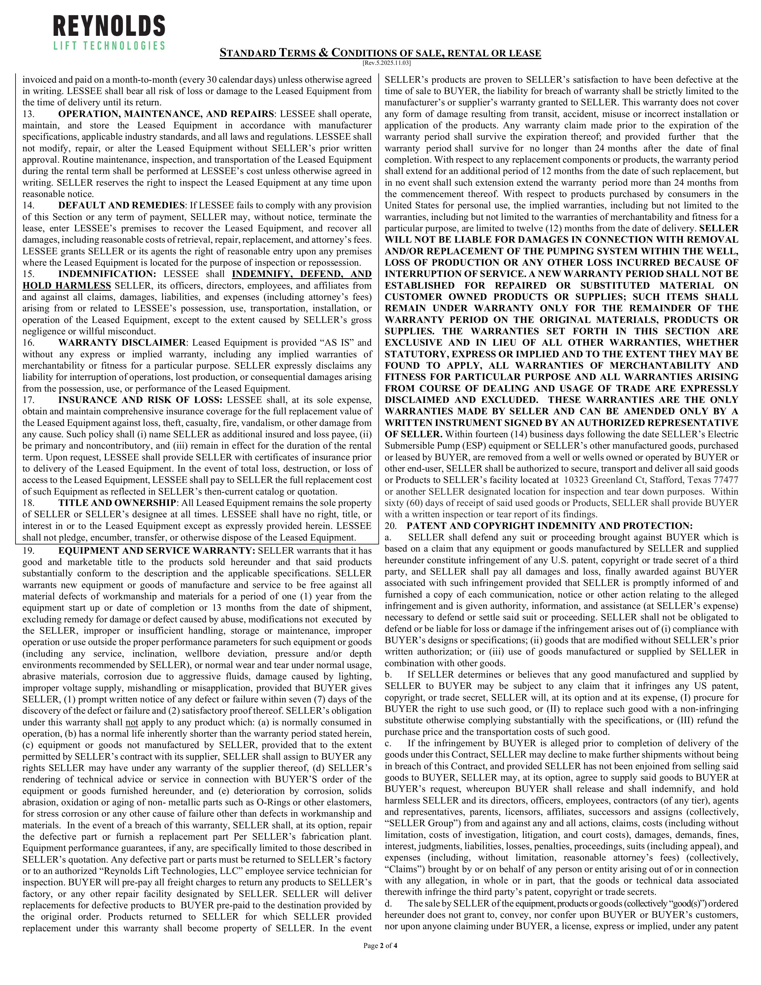 Reynolds Standard Terms and Conditions page 2